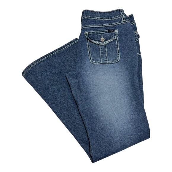 Y2K Angels Dark Wash 2000s Distressed Flare Jeans Women’s 15 (33.5x31)‎ - Picture 1 of 12